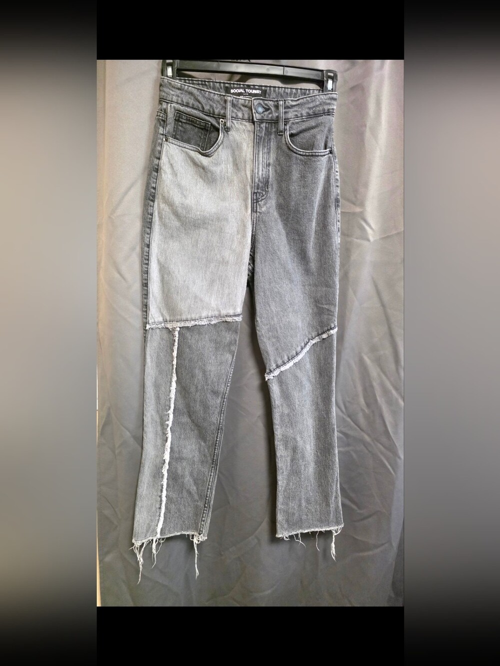 Social Tourist Two-Tone Patchwork Wide Leg Jeans 7S W28 Gray Black Y2K Raw Hem